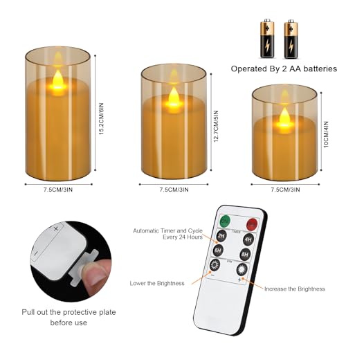 wemarry Flameless Candles 4" 5" 6" Acrylic Glass Pillars 3" Diameter Battery Operated Flickering Candles Include 8-Key Remote with Timer Function 400+ Hours (Amber, Warm Light 6 Pack) - color: Amber, size: Warm Light 6 Pack
