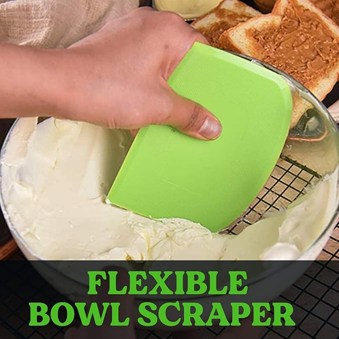SURDOCA Dough Scraper Bench Scraper - 3P 9.5x6.1" Plastic Flexible Bowl Scraper, Sharp Edge & Angles Cake Scraper. Non-Slip Bakeware Decorating Tools Sculpting & Modeling Tools - White+Green+White