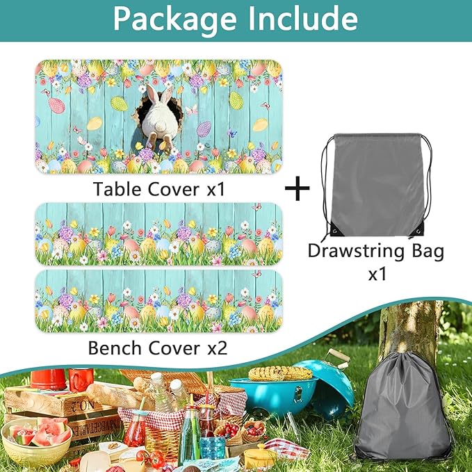 Easter Picnic Table Cover with Bench Covers, Cute Bunny Flower Blue Wooden Board Camping Tablecloth, Waterproof Windproof, Fitted Tablecloth Cover with Elastic Edge, for Outdoor, 3 PCS, 30x60 Inch