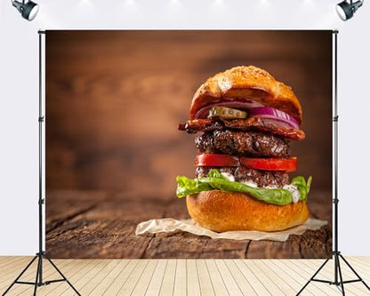 Trykid 12x8ft Double Patty Bacon Burger Backdrop Rustic Wood Fresh Veggie Scene Photography Background Food Festival BBQ Gathering Party Decoration Tapestry Photo Booth Prop Fabric - size: 12x8ft