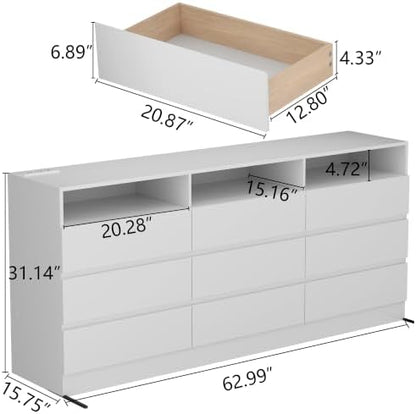 STIKELY Drawer Dresser for Bedroom with Power Outlet, Black Dressers with LED Light, Dresser Chest of Drawers for Closet,Wood Dressers Organizer Cabinet (White 9 Drawers)
