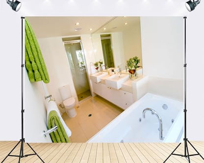Trykid 15x8ft Bright Modern Bathroom with Double Vanity Backdrop Interior Photography Clean Fresh Spa Room Background Tapestry Bathroom Themed Party Decoration Photo Studio Prop Fabric - size: 15x8ft