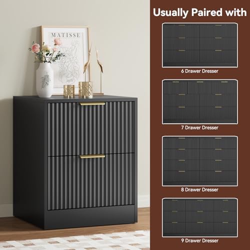 9 Drawer Dresser & 2-Drawer Nightstand Set 3-Piece, Black丨63 Wide Fluted Bedroom Dresser Set Night Stand Set of 2, Modern Wood Chest of Drawers Storage Dressers Set for Bedroom