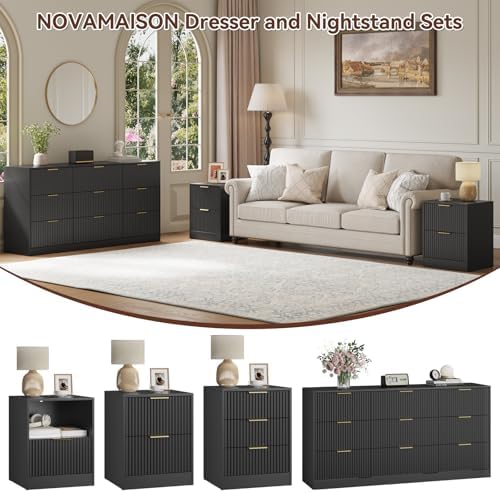 9 Drawer Dresser & 2-Drawer Nightstand Set 3-Piece, Black丨63 Wide Fluted Bedroom Dresser Set Night Stand Set of 2, Modern Wood Chest of Drawers Storage Dressers Set for Bedroom
