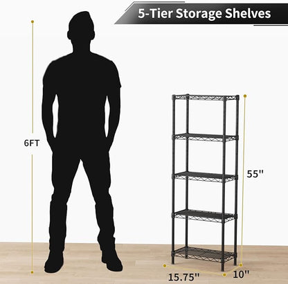 Golpart Small 5 tire Shelves Storage Wire Shelving Unit Metal Shelf Adjustable Organizers Storage Shelving for Bathroom Laundry Room Kitchen Pantry10”D x 16”W x 55”H Black