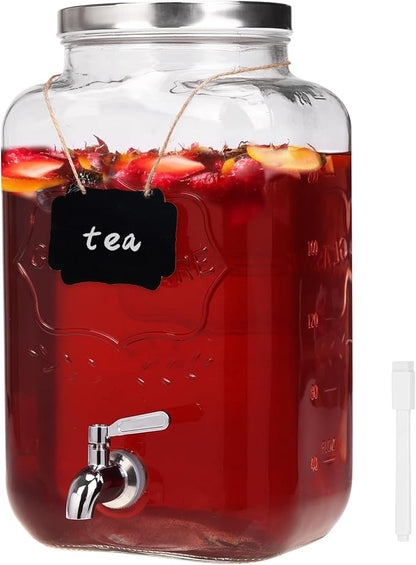 Moretoes 2 Gallon Glass Drinks Dispenser for Parties, Sun Tea Glass Jar for Outside Beverage Dispenser with Stainless Steel Spigot and Lid for Juice and Iced Tea, Pitcher