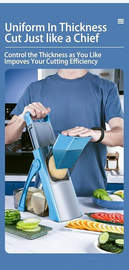 SPICE OUTLET New Upgrade Safe Mandoline Slicer Plus, Biger Size, Adjustable Vegetable Food Chopper Potato Fries Cutter, Detachable Blade, Kitchen Chopping Artifact with Container. Blue