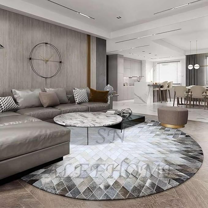 Cowhide Hairon Leather Round Rug, Geometric Patterned Circle Carpet for Living Room, Bedroom, Hall, Brown, 5×5ft