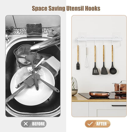 Kitchen Utensil Hanger, Adhesive Utensil Holder Wall Mount Kitchen Rack Rail with 12 Hooks, Space Saving and No Drilling, White, 2 Pcs