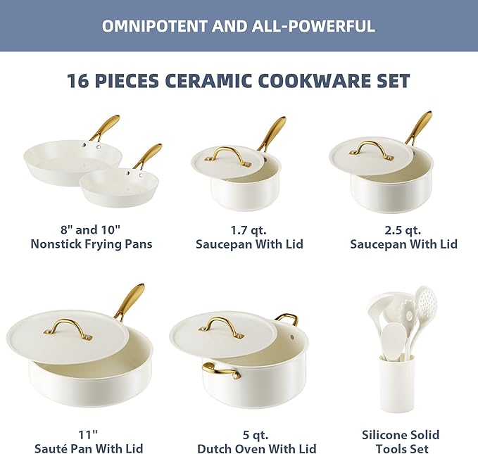 Pots and Pans Set Non Stick - VONIKI Ceramic Cookware Set with Cooking Utensils Set, Non Toxic Kitchen Cookware Sets Dutch Oven Pot with Lid Saucepan Set Sauté Pan Frying Pan Set for Cooking Gifts
