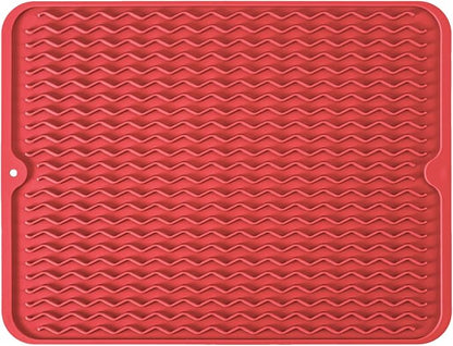 Large 17" x 14" Silicone Dish Drying Mat for Kitchen Counter, Easy clean, Quick Dry, Heat-resistant Dish Drainer Mat for Sink,Refrigerator or Drawer liner (Food Grade Silicone-Red)