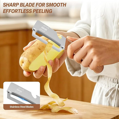 Multi-Functional Vegetable Peeler – Comfortable Wooden Handle with Sharp Stainless Steel Blade, Built-in Bottle Opener - Perfect Kitchen Peeler For Veggie, Fruit, Potato, Carrot, Apple