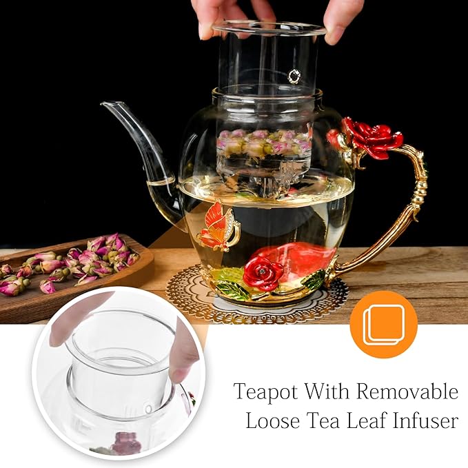 Enamel Glass Flower Tea Pot With Removable Loose Tea Leaf Infuser Tea Maker Teapot Set 30.4OZ Gifts for Women,Mom,Birthday