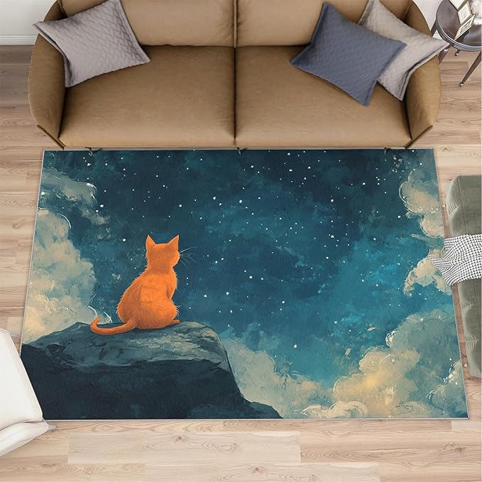 Orange Cat Rugs for Bedroom - 6x9 Area Rug - Cartoon Starry Sky Rugs for Living Room, 3D Cute Cat Rug, Non-Slip Washable Home Decor Carpet