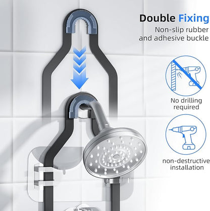 GearFusion Aluminum Shower Caddy Hanging for Handheld Showerheads Adjustable Split Shower Caddy Over the Shower Head Caddy, 2 Levels Showers Rack Organizer with Hooks, Razor Holder, Soap Holder,Black