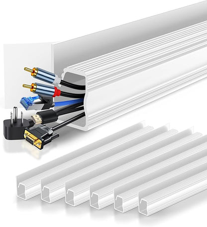 6 Pack Cable Management Under Desk, Open J Channel Raceway, Cord Organizer Tray for Desk, No-Drill Cable Hider for Desk & Wall, Wire Management Kit, Flame-Retardant PVC, 94.5" Total, White