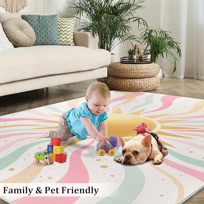 Boho Sun Area Rugs 3x5ft, Minimalist Sunburst Boys Rugs for Bedroom, Abstraction Deco Kids Room Rug Soft Fuzzy Washable for Living Room Game Room Coffee Table