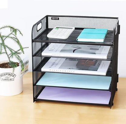 Supeasy 5 Trays Paper Organizer Letter Tray with Handle-Mesh Desk File Holders, Paper Sorter Desk Organizer for Office, Home, Classroom or School