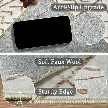 5x7 Machine Washable Area Rug for Living Room, Brown White Vintage Moroccan Rug Large Non-Slip Low Pile Soft Faux Wool Carpet, Kids and Pets Friendly for Bedroom Dining Room Farmhouse Home Decor Rug