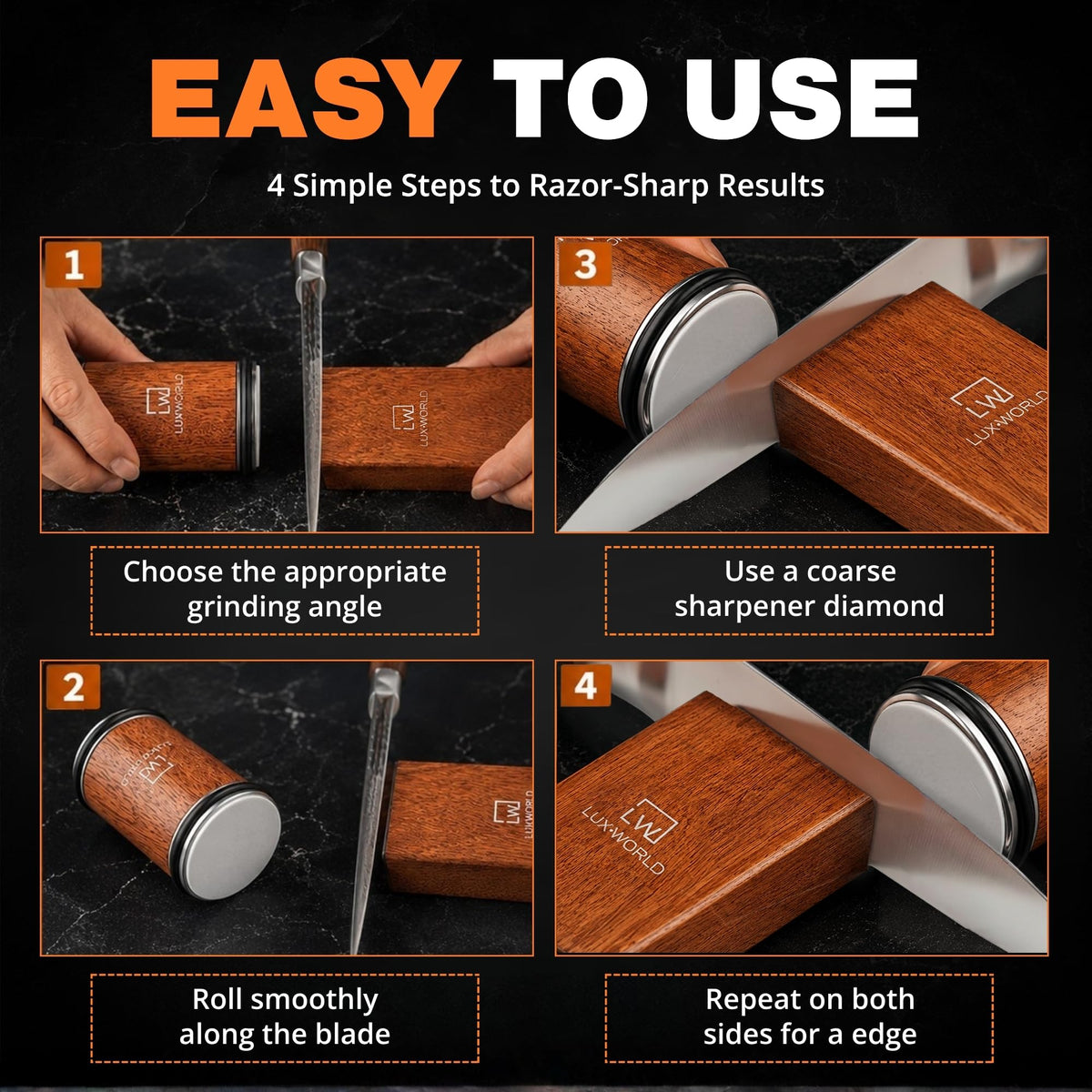 LUXWORLD Rolling Knife Sharpener | Kitchen Knife Sharpener for Razor Sharp Edges | Diamond & Ceramic Knife Sharpening Kit for Smooth & Precise Cutting | Magnetic Holder with 15° & 20° Guides