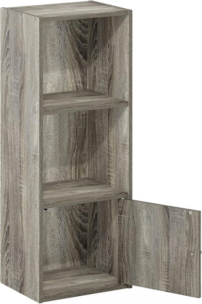Furinno LUDER Book Shelf, 3-Tier Modern Bookshelf, Bookcase with 1 Door Storage Cabinet, 9.3 x 12 x 31.5, for Organization and Storage, for Living Room, Bedroom, Home Office, French Oak