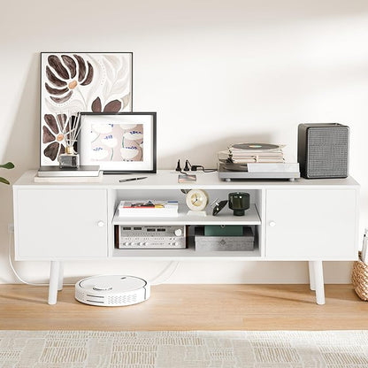 Cozy Castle TV Stand for 48-55 Inch TV, Mid Century Modern Entertainment Center with Storage Cabinet, TV Media Console with Charging Station for Living Room (White, 53.1" W x 15.7" D x 19.7" H)