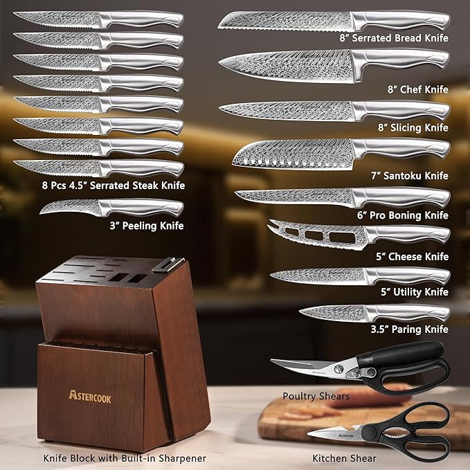 Knife Set, Astercook 21 Pieces Kitchen Knife Set with Built-in Sharpener, German Stainless Steel Knife Block Set, Razor-Sharp Knives with Full-tang Handle, Dishwasher Safe, Mothers Day Gifts