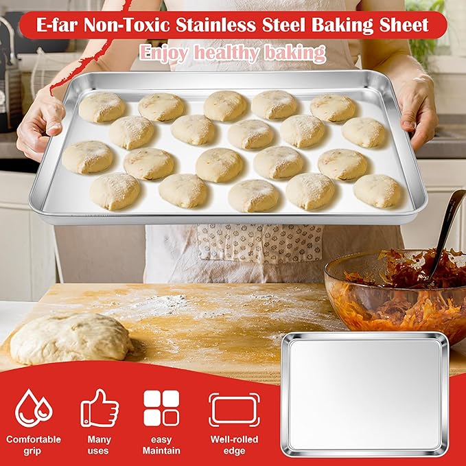 E-far Cookie Sheet for Baking, 18”x13” Stainless Steel Baking Sheet Pan for Oven, Large Non Toxic Metal Baking Tray for Cake Cookies, Healthy & Rust Free, Mirror Finish & Dishwasher Safe, 1 Pack