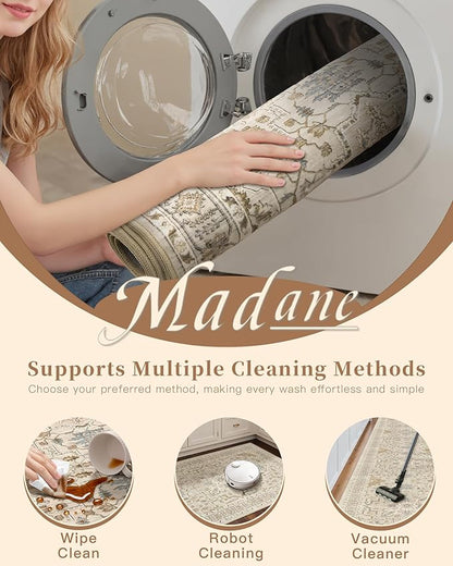 Madane Runner Rug 2x8, Washable Hallway Runner Rugs, Non-Slip Low-Pile Soft Kitchen Rug Runner Laundry Room Rug, Vintage Throw Entry Foyer Mat for Entrance Living Room (Beige/Blue, 2 x 8)