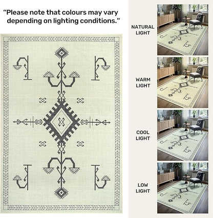 GLN Rugs Contemporary Collection - Machine Washable Area Rug, Contemporary Washable, Non Slip, Low Pile Chenille Rug, Living Room, Bedroom, Kitchen Rug (8' x 10' Cream/Anthracite)