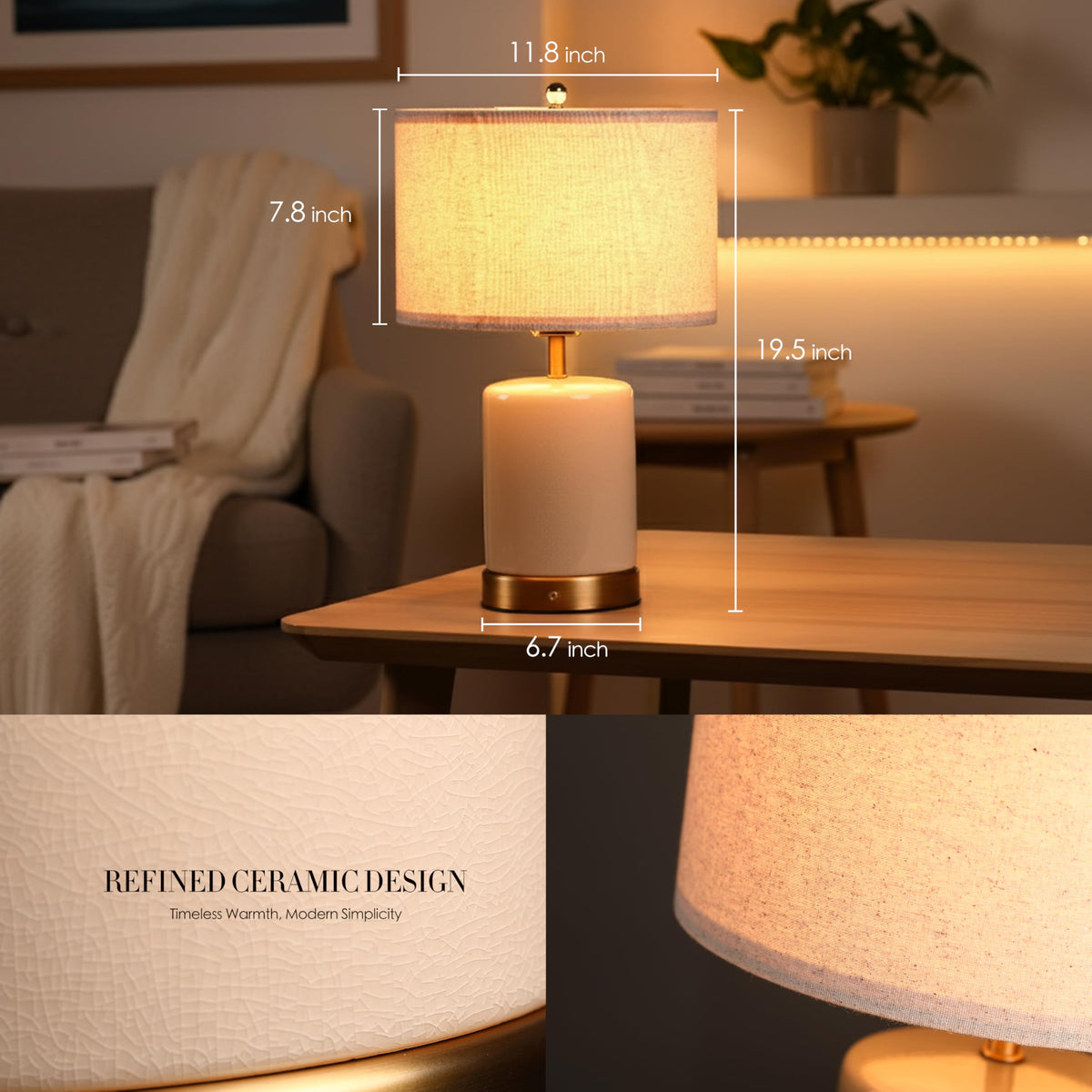 O'Bright Dune Battery-Powered Table Lamp – Cordless, Dimmable 19.5-Inch Ceramic Lamp
