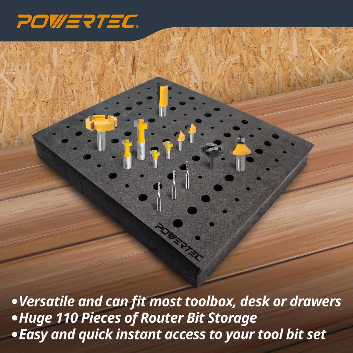 POWERTEC Router Bit Storage Tray – 110 Bits, 1/2 inch & 1/4 inch Shank